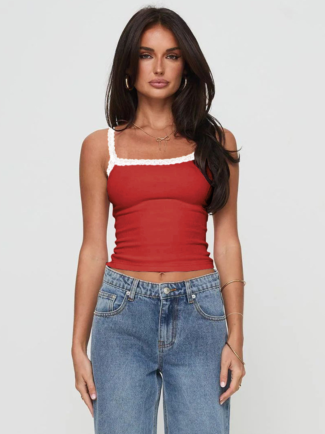 Deep red ribbed tank top with white lace trim and square neckline.