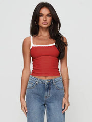 Deep red ribbed tank top with white lace trim and square neckline.