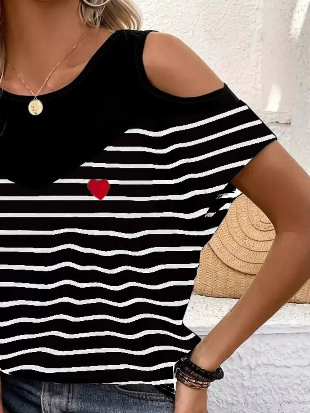 Cold Shoulder Color Block T-shirt in White, fabric detail