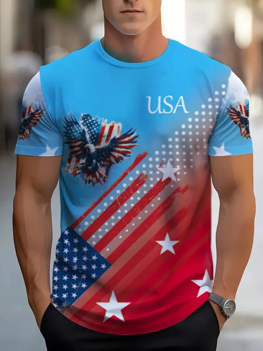 Men's Patriotic Eagle Usa Graphic T-shirt Plus Size, close-up detail