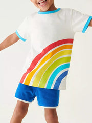 Toddler white cotton crew neck t-shirt with vibrant rainbow graphic and blue trim