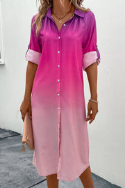 Ombre collared shirt dress in hot pink with cuffed sleeves and button front.