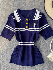 Blue cable knit polo shirt with white stripes and gold buttons.
