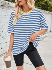 Blue and white striped relaxed tee with yellow contrast neck