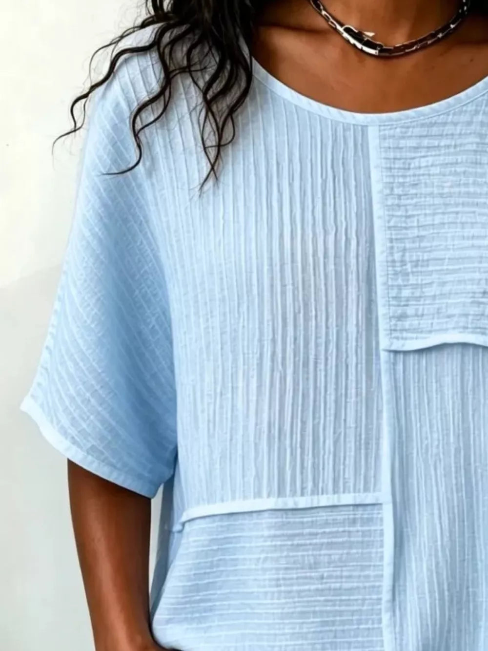 Full Size Texture Round Neck Half Sleeve Blouse, model styling view