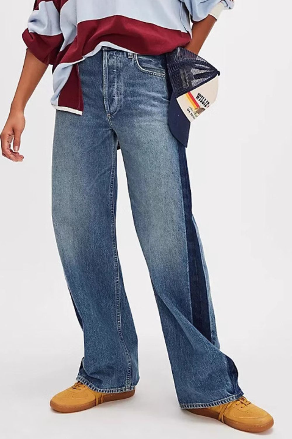 Contrast panel wide-leg jeans in dusty blue denim with a dark blue side stripe.