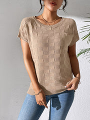 Textured check knit pocket tee in camel with short sleeves and crew neck.