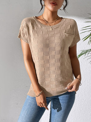 Textured check knit pocket tee in camel with short sleeves and crew neck.
