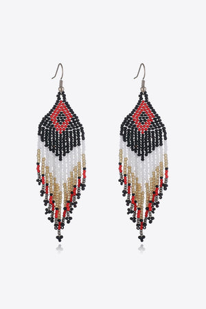 Beaded diamond fringe earrings in black, white, red, and gold with boho style.