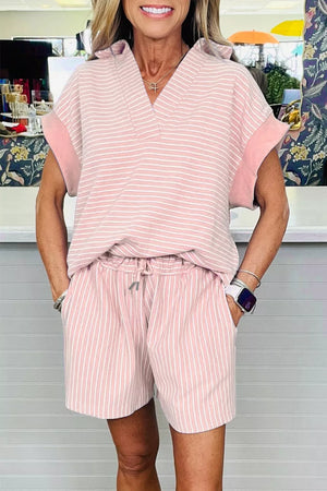 Pink striped cotton drawstring shorts and matching V-neck polo shirt ensemble.