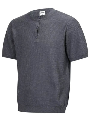 Men's Textured Knit Henley Top in Grey, model styling view