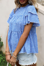 Sky blue floral peplum blouse with ruffled yoke