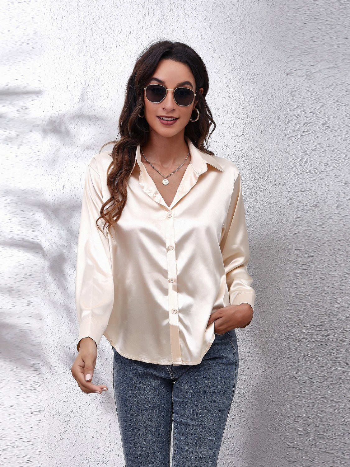 Luxe satin collared button-down shirt in ivory with a relaxed fit.