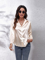 Luxe satin collared button-down shirt in ivory with a relaxed fit.