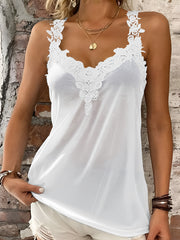 White lace trimmed halter cami with V-neckline and floral lace detail.