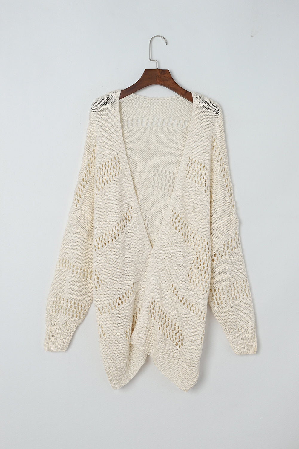 Beige open-knit slouch cardigan with a relaxed fit and chevron detail.
