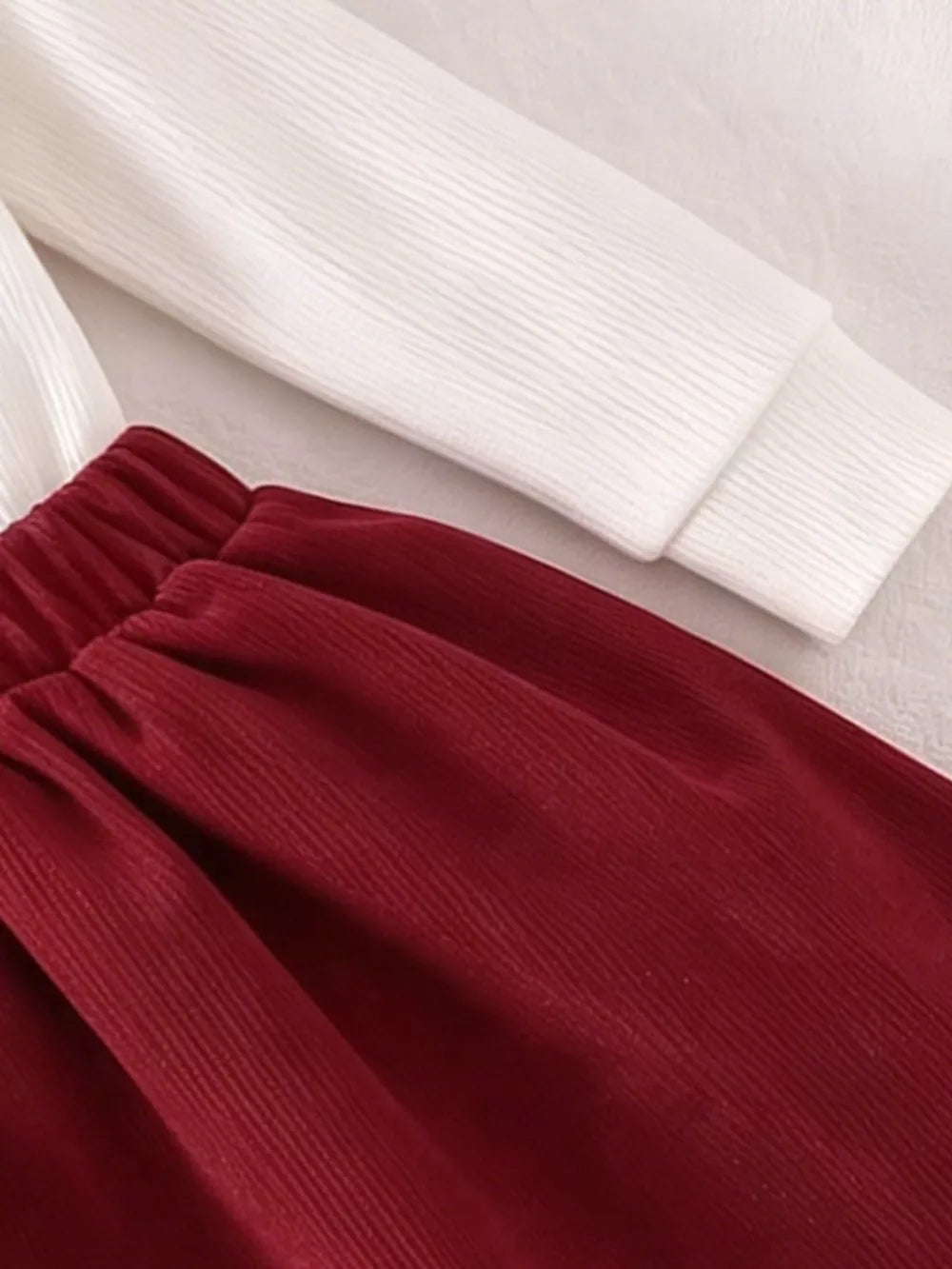 Children's Floral Applique Mock Neck Top And Pleated Skirt Set in White, model styling view