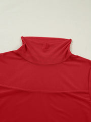 Deep red sheer mesh patchwork maternity blouse with high neck and long sleeves.