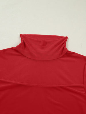 Deep red sheer mesh patchwork maternity blouse with high neck and long sleeves.