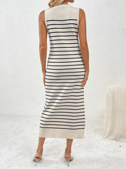 Striped ribbed sleeveless midi dress in cream with black stripes, featuring a high neckline.
