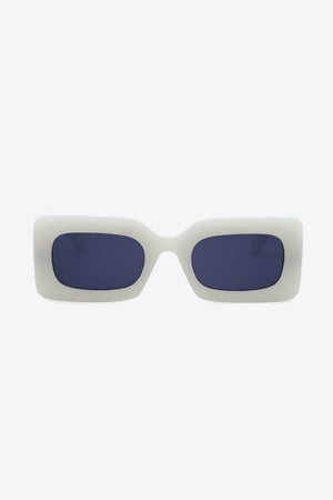 Lavender acetate rectangle sunglasses with dark lenses.