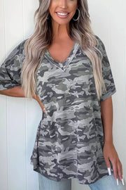 Camouflage V-neck relaxed tee with short sleeves and a white trim detail.