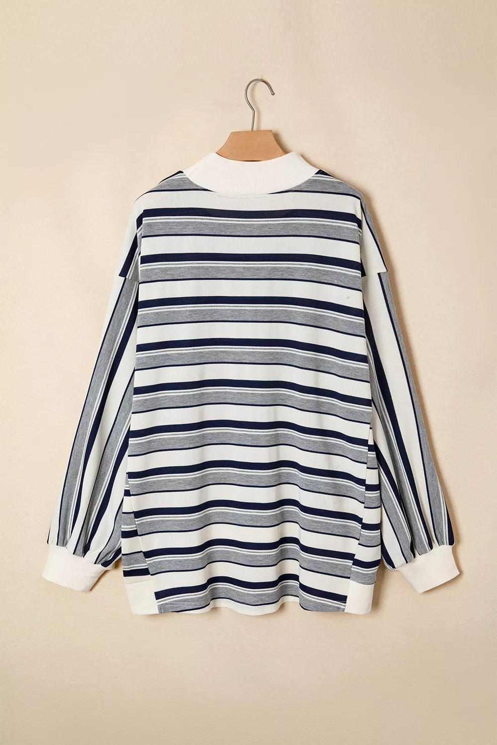 Striped Ribbed Stand Neck Sweatshirt in Stripe, model styling view