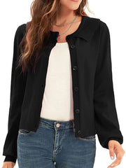 Black knit cardigan with scalloped collar and button front