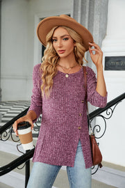 Ribbed tunic top in Red-Violet with asymmetric hem and button detail