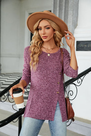 Ribbed tunic top in Red-Violet with asymmetric hem and button detail