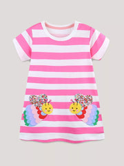 Toddler pink and white striped cotton dress with bee appliqué pockets.