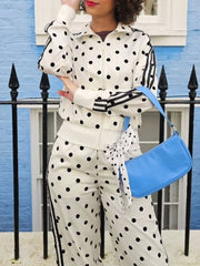 Polka Dot Zip Up Outerwear And Pants Set in Black, front view