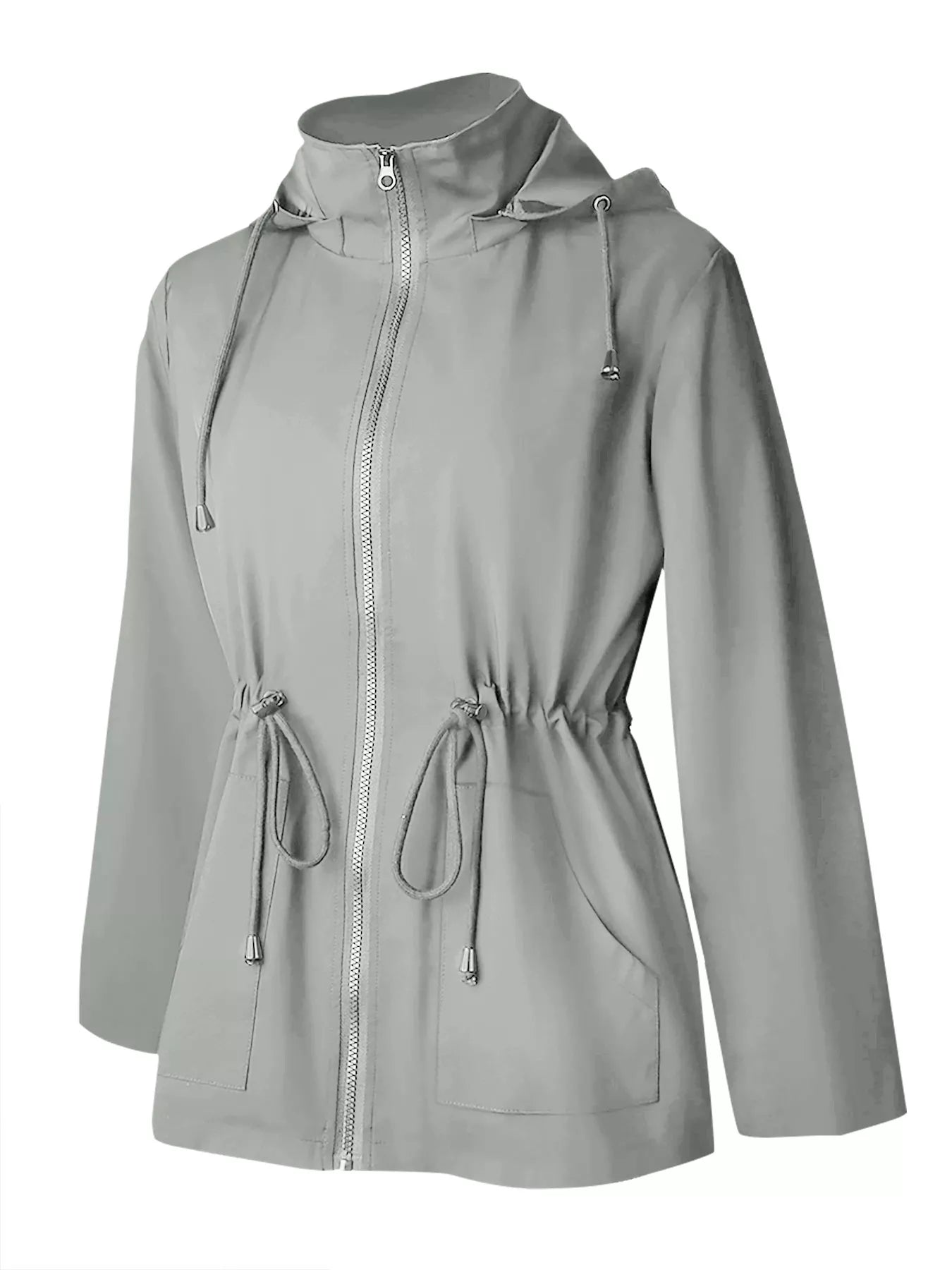 Light gray hooded zip-up jacket with drawstring waist and hood