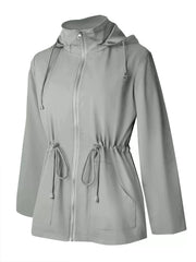 Light gray hooded zip-up jacket with drawstring waist and hood