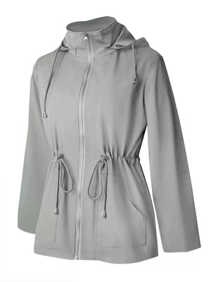 Light gray hooded zip-up jacket with drawstring waist and hood