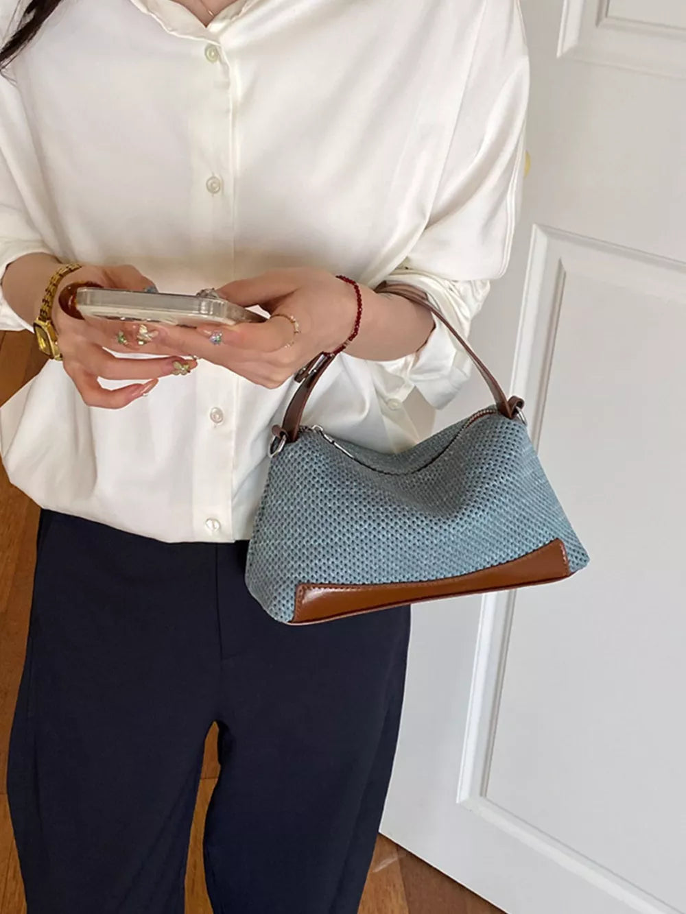 Woven Texture Crossbody Bag in Blue, side view