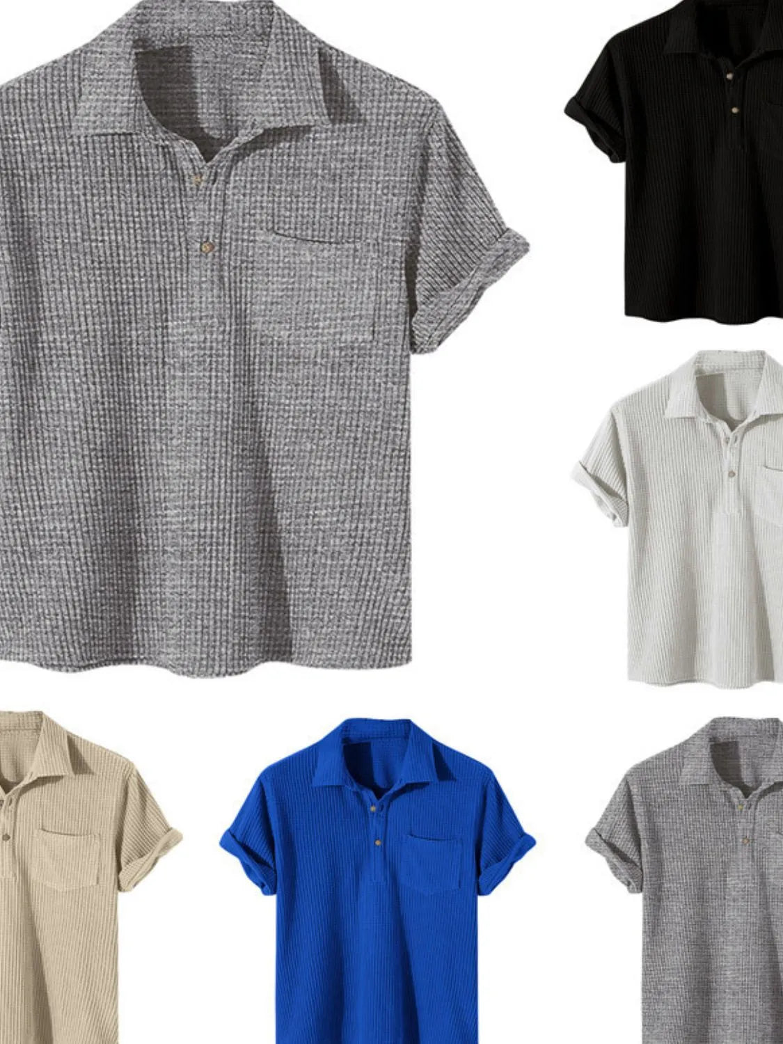 Textured ribbed polo shirt with rolled sleeves and chest pocket in dark gray.