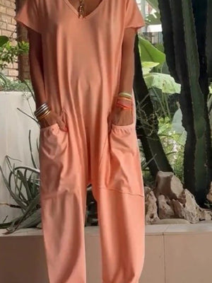 Loose Fit V-neck Short Sleeve Wide Leg Jumpsuit in Floral Gray, product detail