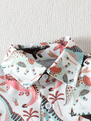Toddler cotton shirt with dinosaur print, collared, button-down, light brown and blue.