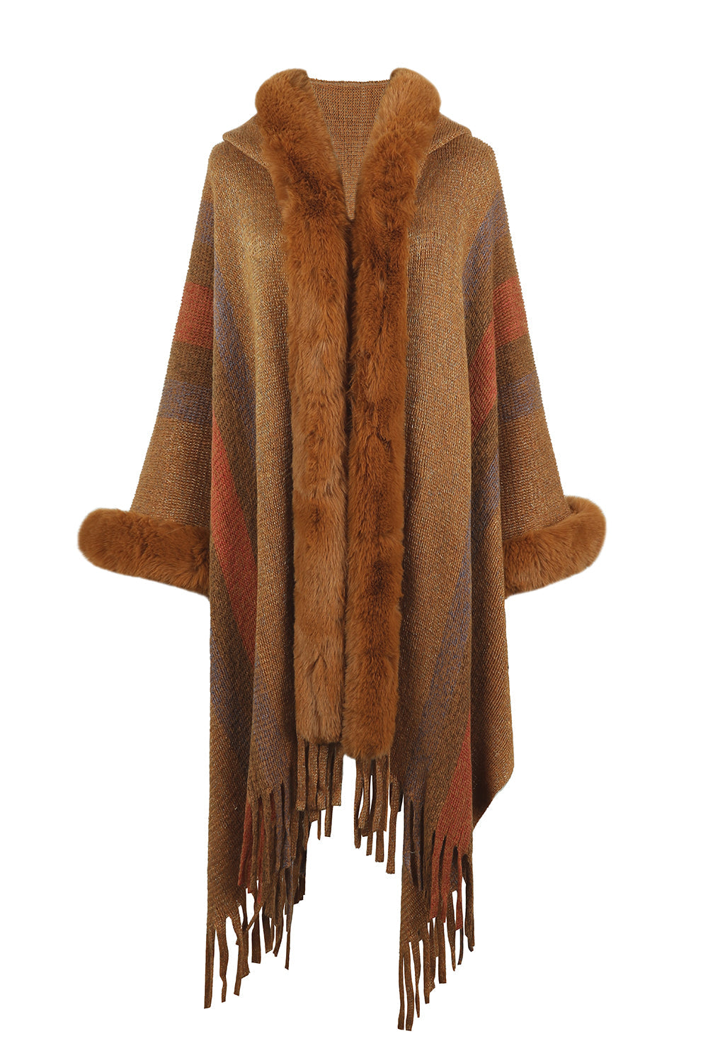 Brown striped knit poncho with faux fur trim and fringe detail