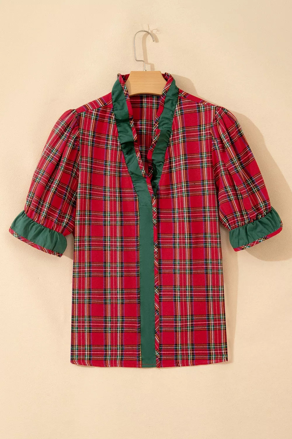 Plaid V Neck Ruffle Color Block Shirt in Rust, back view