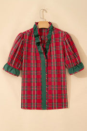 Plaid V Neck Ruffle Color Block Shirt in Rust, back view