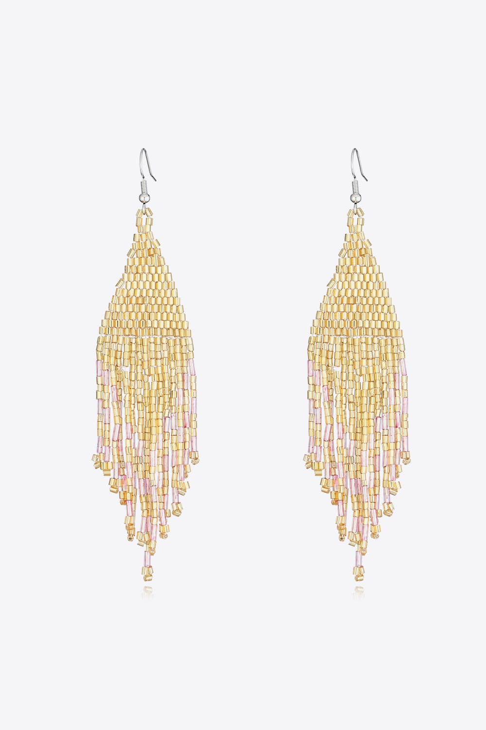 Prismatic beaded fringe earrings in gold and light pink feature a layered, cascading design.