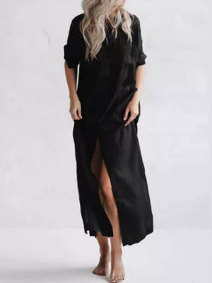 Full Size Casual Button-down Maxi Shirt Dress in White, close-up detail