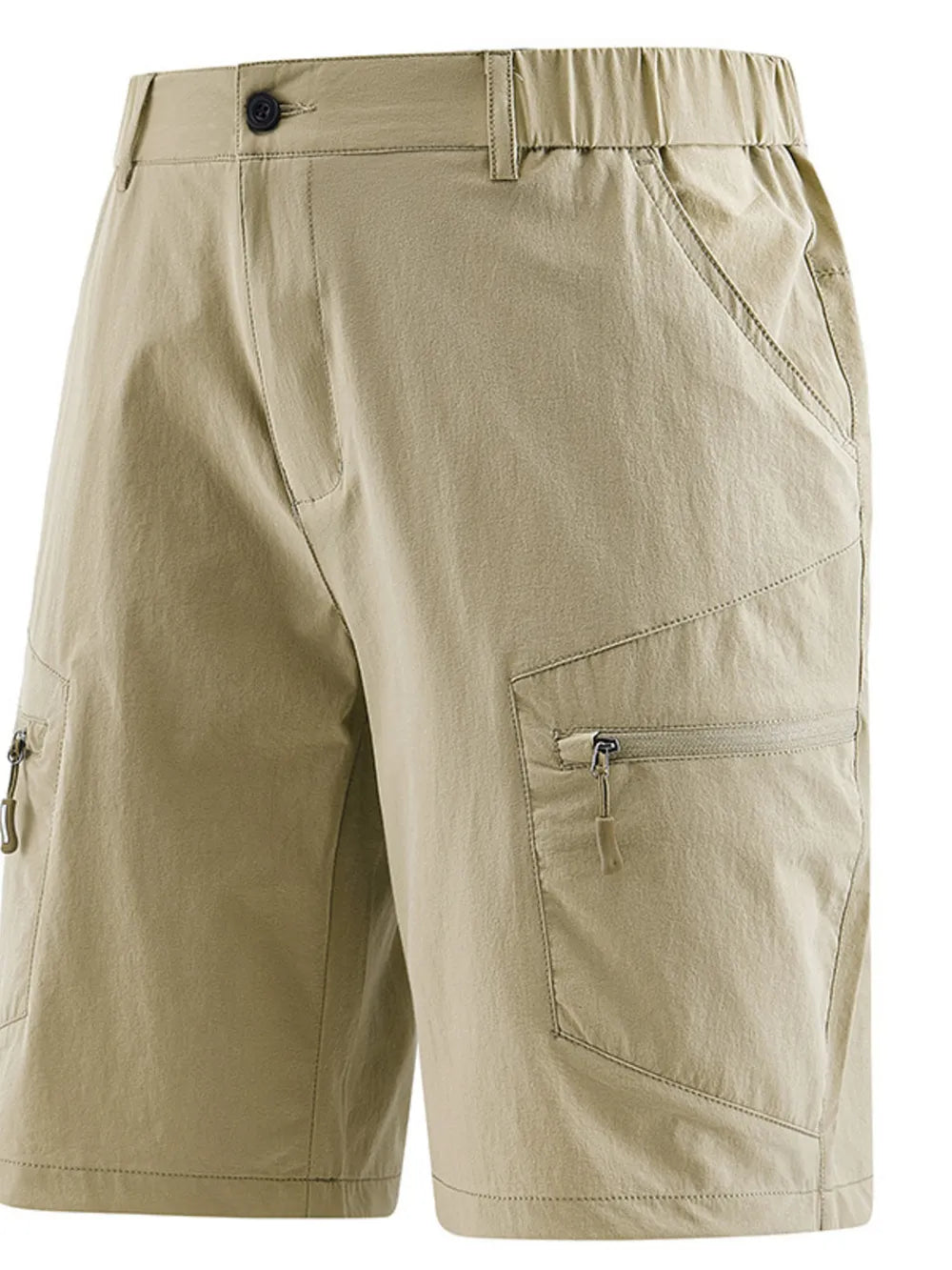Khaki cargo shorts with zippered pockets and drawstring waist
