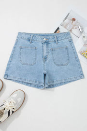Light wash denim shorts with high rise and patch pockets.