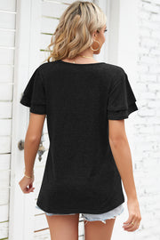 Black flutter sleeve henley tee with layered short sleeves.