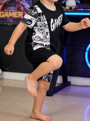 Black gamer print toddler tee and shorts set with comic book style graphics.