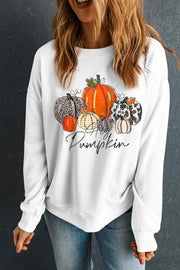 White graphic sweatshirt with a pumpkin patch print and "Pumpkin" text, 50% cotton, 50% polyester.