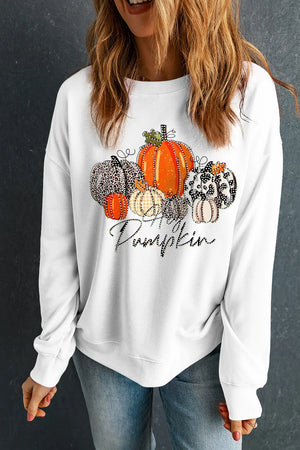 White graphic sweatshirt with a pumpkin patch print and "Pumpkin" text, 50% cotton, 50% polyester.